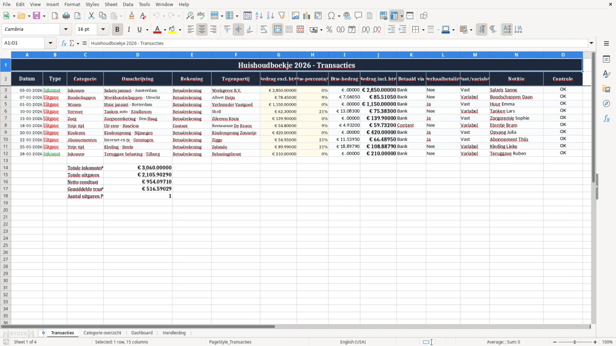 Screenshot 1: tabblad Transacties - Excel-sjabloon huishoudboekje excel sjabloon