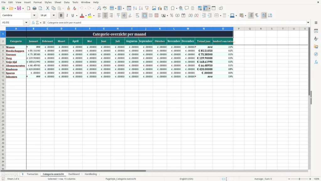 Categorie-overzicht – Huishoudboekje Excel – Gratis Sjabloon (2026)