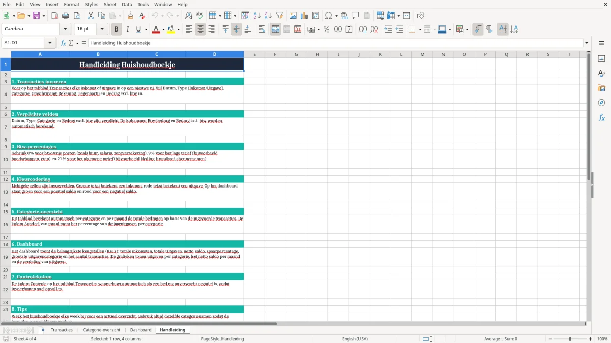 Screenshot 4: tabblad Handleiding - Excel-sjabloon huishoudboekje excel sjabloon