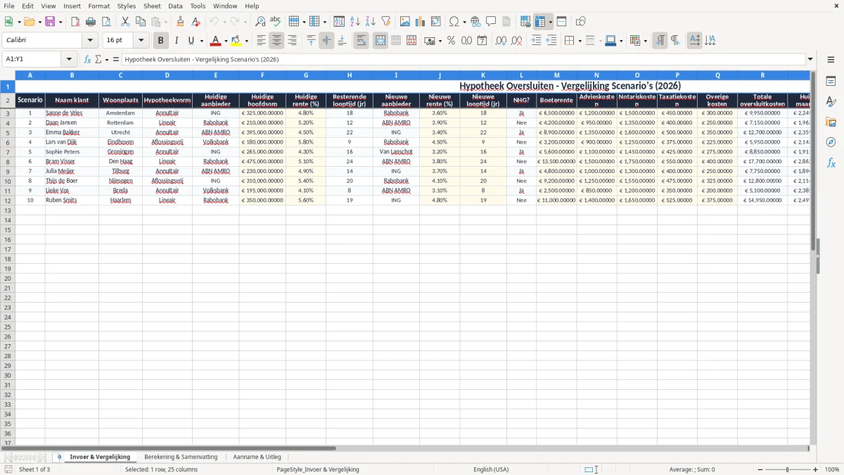 Screenshot 1: tabblad Invoer & Vergelijking - Excel-sjabloon hypotheek oversluiten berekenen excel sjabloon