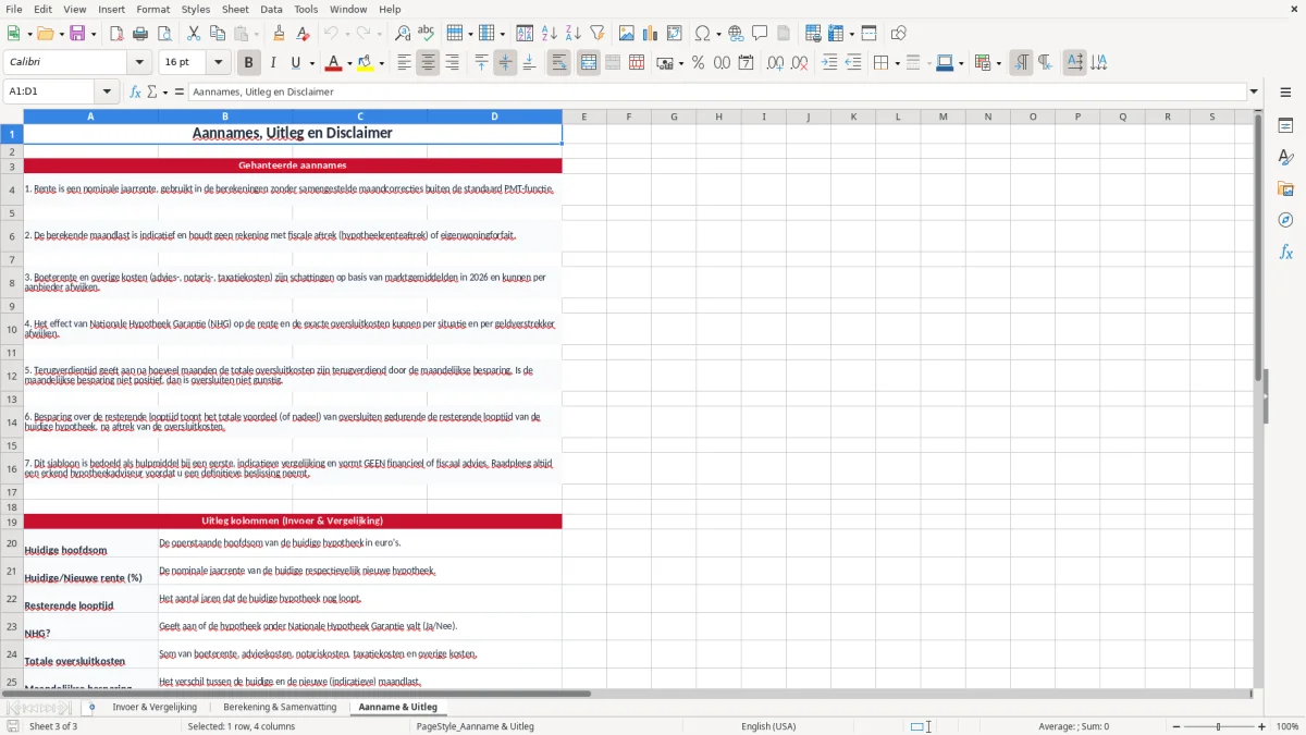 Screenshot 3: tabblad Aanname & Uitleg - Excel-sjabloon hypotheek oversluiten berekenen excel sjabloon