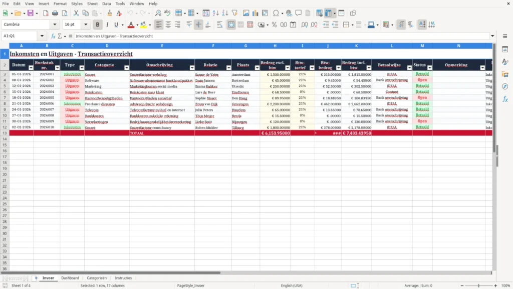 Invoer – Inkomsten en Uitgaven Excel – Gratis Sjabloon (2026)