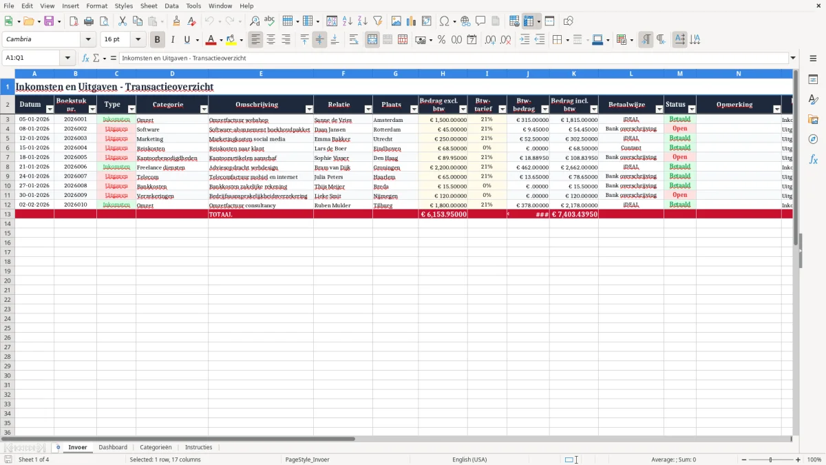 Screenshot 1: tabblad Invoer - Excel-sjabloon inkomsten en uitgaven excel sjabloon