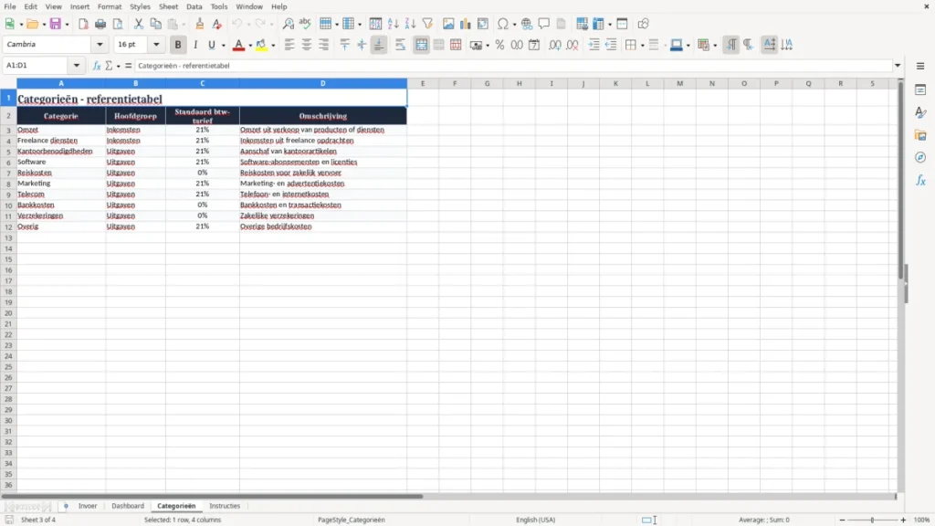 Categorieën – Inkomsten en Uitgaven Excel – Gratis Sjabloon (2026)