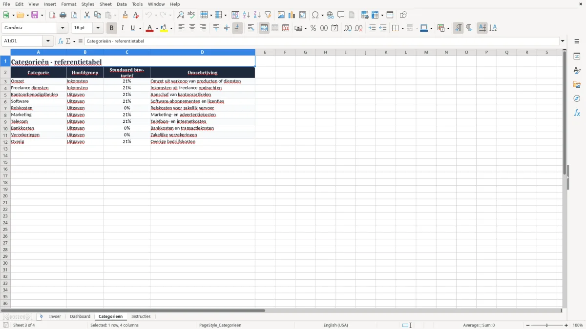 Screenshot 3: tabblad Categorieën - Excel-sjabloon inkomsten en uitgaven excel sjabloon