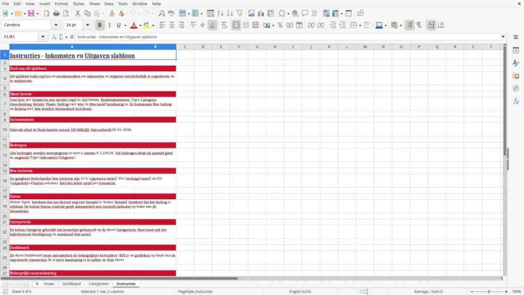 Instructies – Inkomsten en Uitgaven Excel – Gratis Sjabloon (2026)