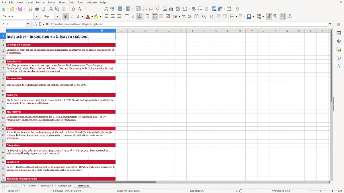 Screenshot 4: tabblad Instructies - Excel-sjabloon inkomsten en uitgaven excel sjabloon