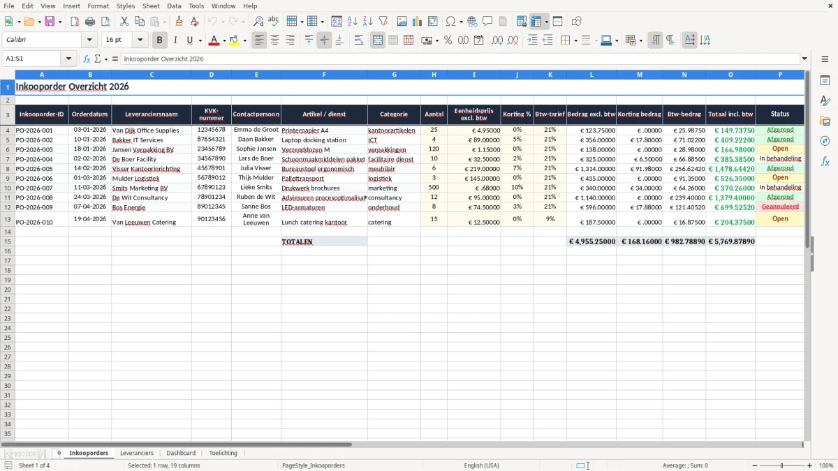 Screenshot 1: tabblad Inkooporders - Excel-sjabloon inkooporder excel sjabloon