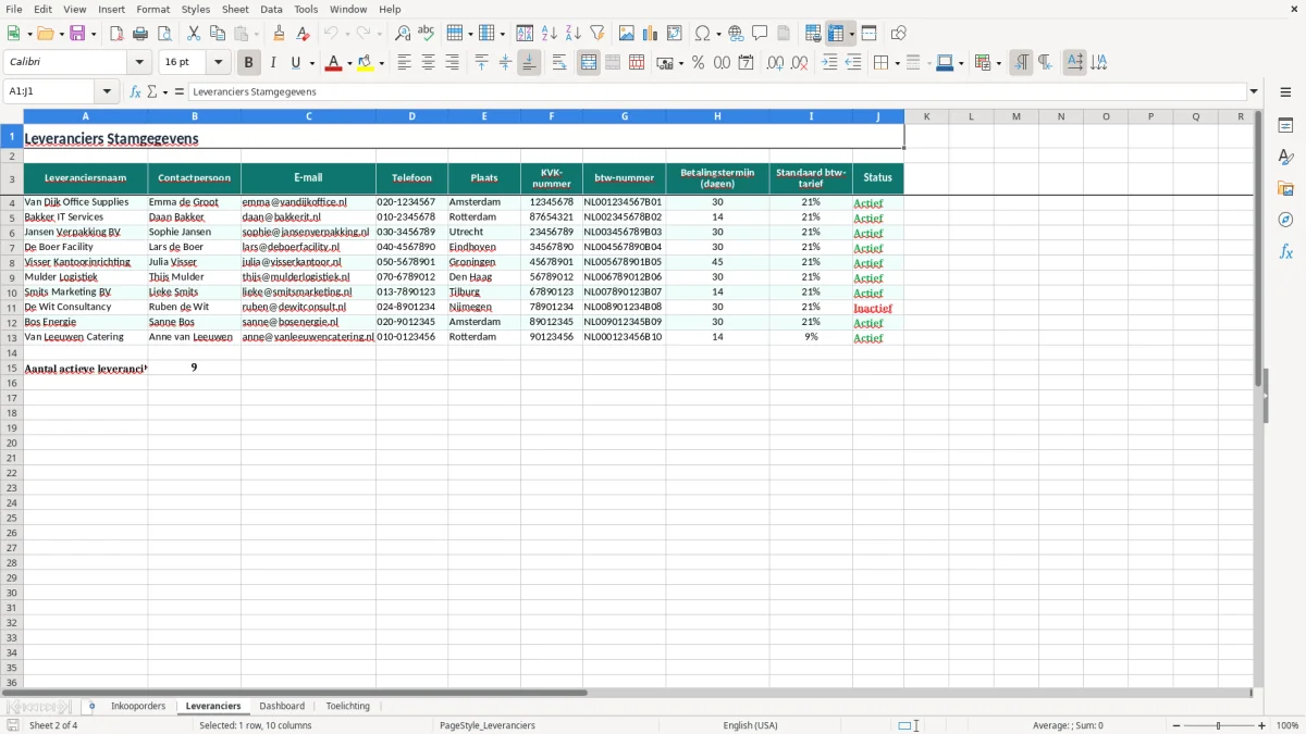 Screenshot 2: tabblad Leveranciers - Excel-sjabloon inkooporder excel sjabloon