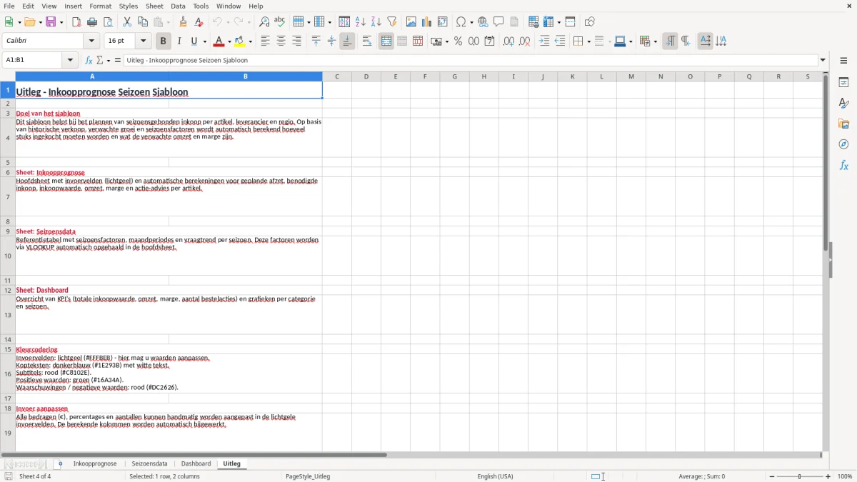 Screenshot 4: tabblad Uitleg - Excel-sjabloon inkoopprognose seizoen excel sjabloon