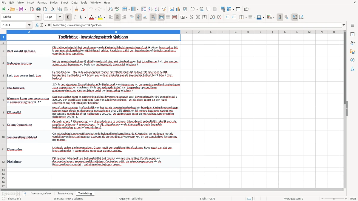 Screenshot 3: tabblad Toelichting - Excel-sjabloon investeringsaftrek berekenen excel sjabloon