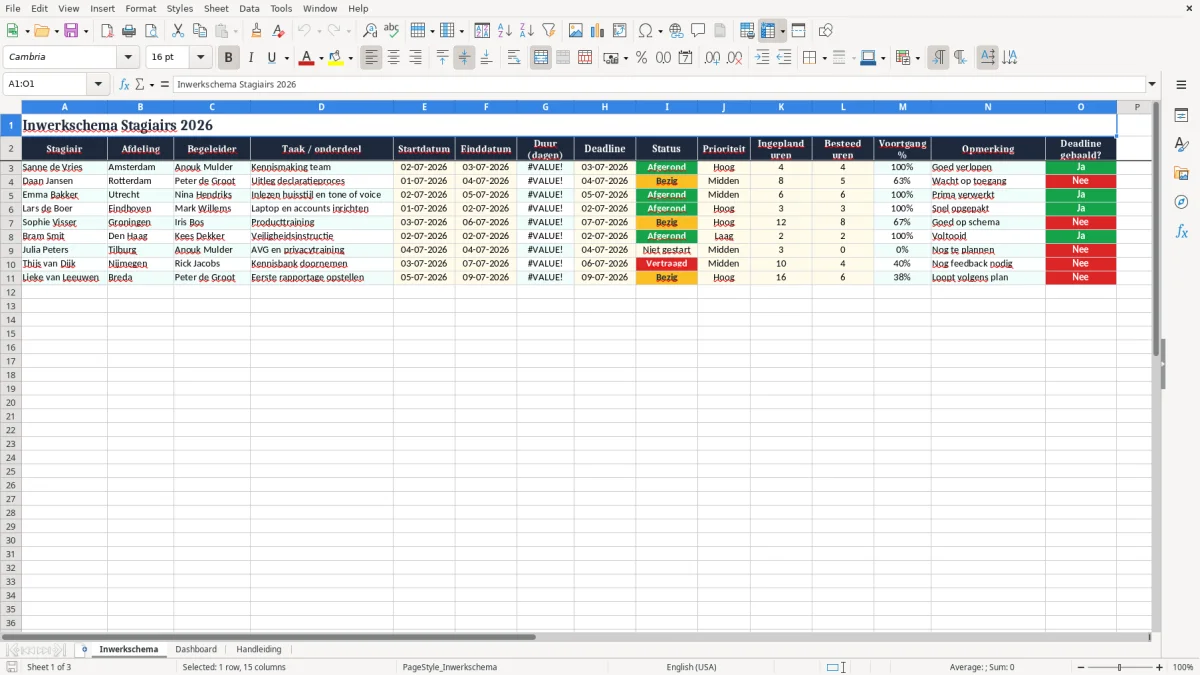Screenshot 1: tabblad Inwerkschema - Excel-sjabloon inwerkschema stagiair excel sjabloon