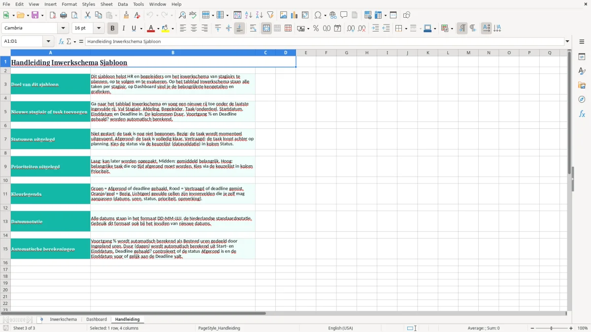 Screenshot 3: tabblad Handleiding - Excel-sjabloon inwerkschema stagiair excel sjabloon