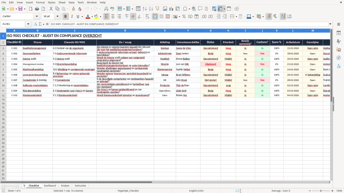 Screenshot 1: tabblad Checklist - Excel-sjabloon iso 9001 checklist excel sjabloon