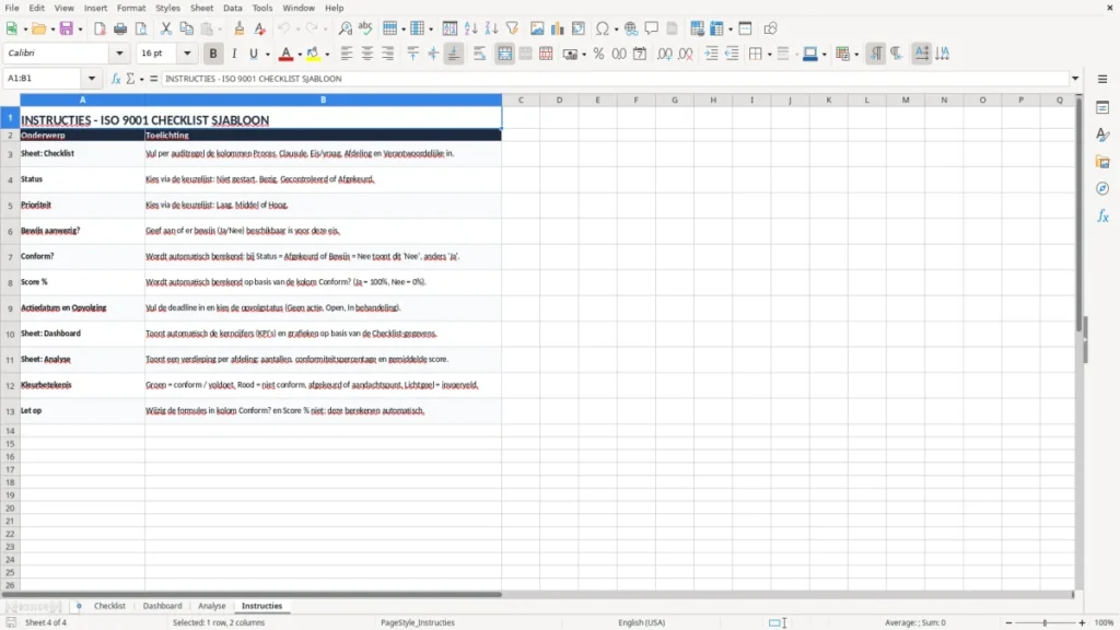 Instructies – ISO 9001 Checklist Excel Sjabloon (2026)