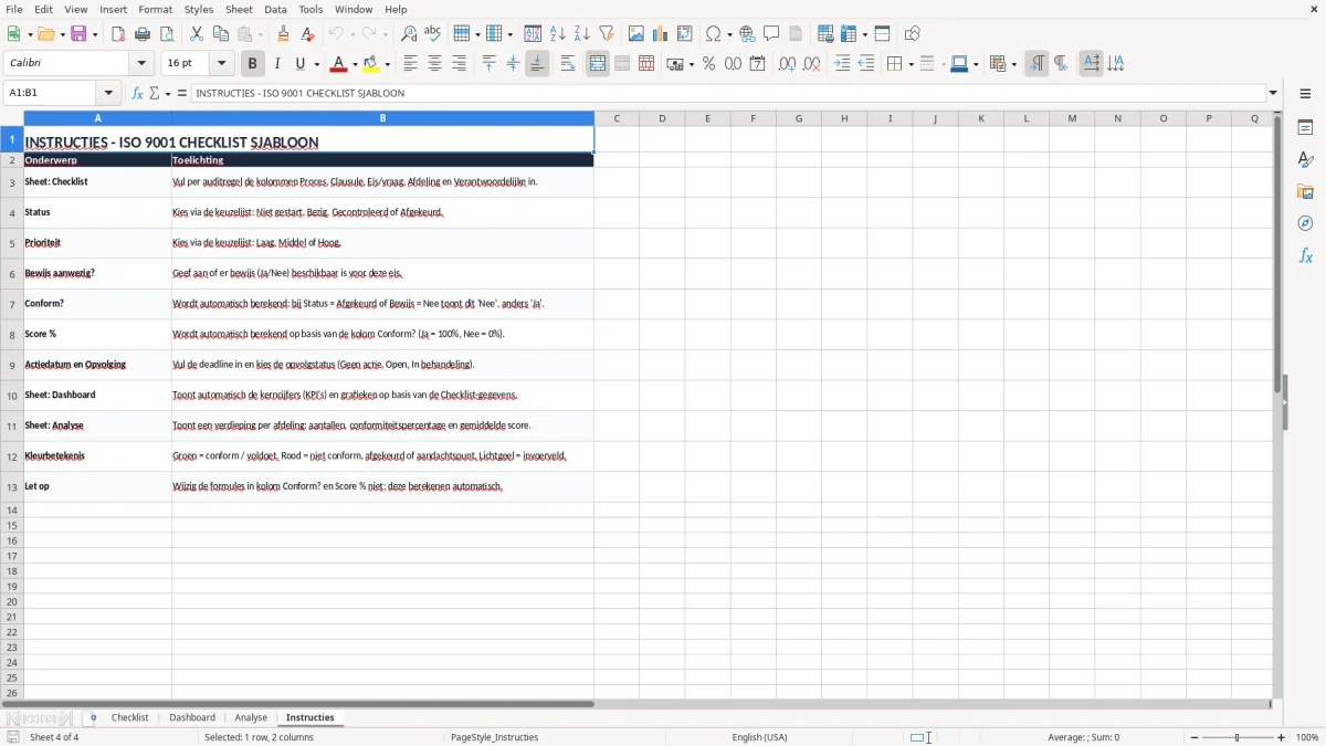 Screenshot 4: tabblad Instructies - Excel-sjabloon iso 9001 checklist excel sjabloon