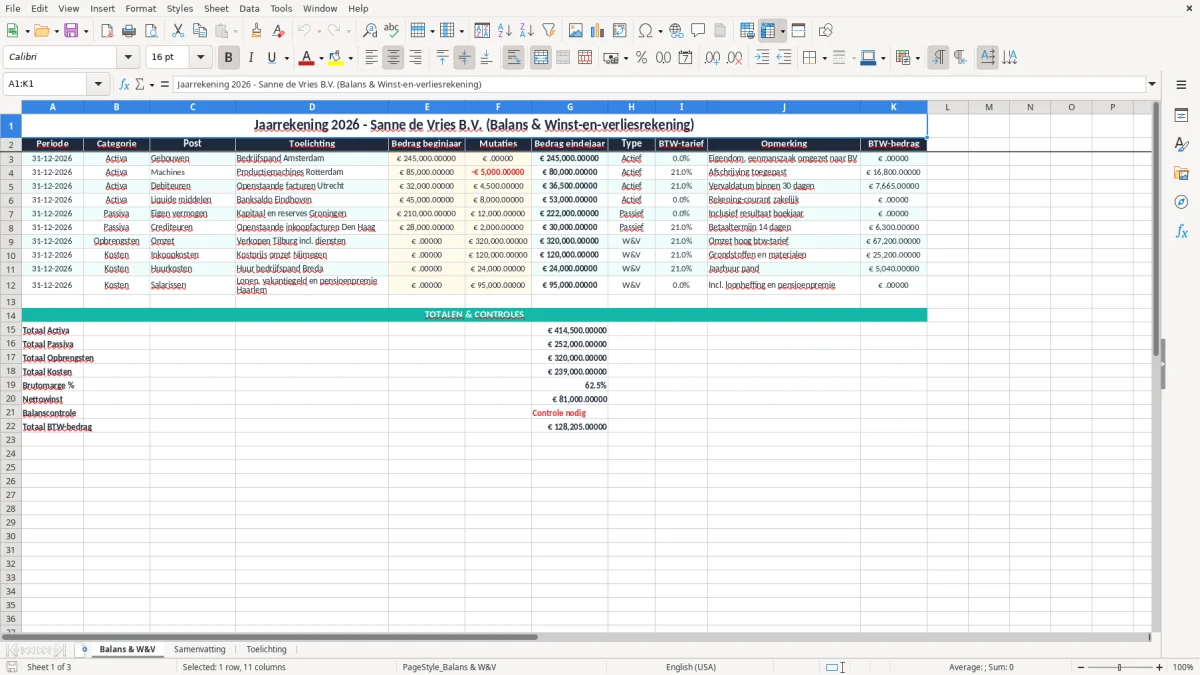 Screenshot 1: tabblad Balans & W&V - Excel-sjabloon jaarrekening excel sjabloon