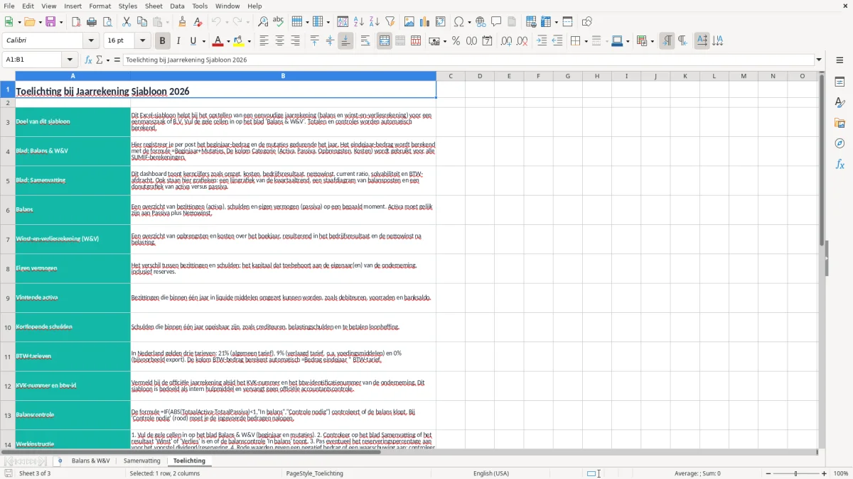 Screenshot 3: tabblad Toelichting - Excel-sjabloon jaarrekening excel sjabloon