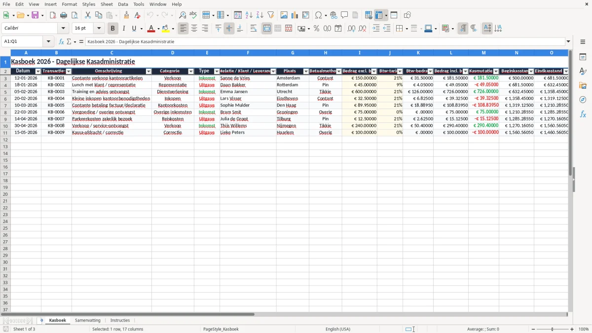 Screenshot 1: tabblad Kasboek - Excel-sjabloon kasboek excel sjabloon