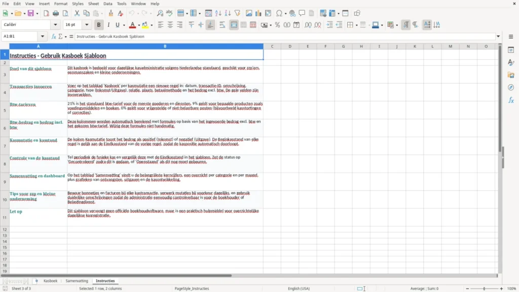 Instructies – Kasboek Excel Sjabloon – Gratis Sjabloon (2026)