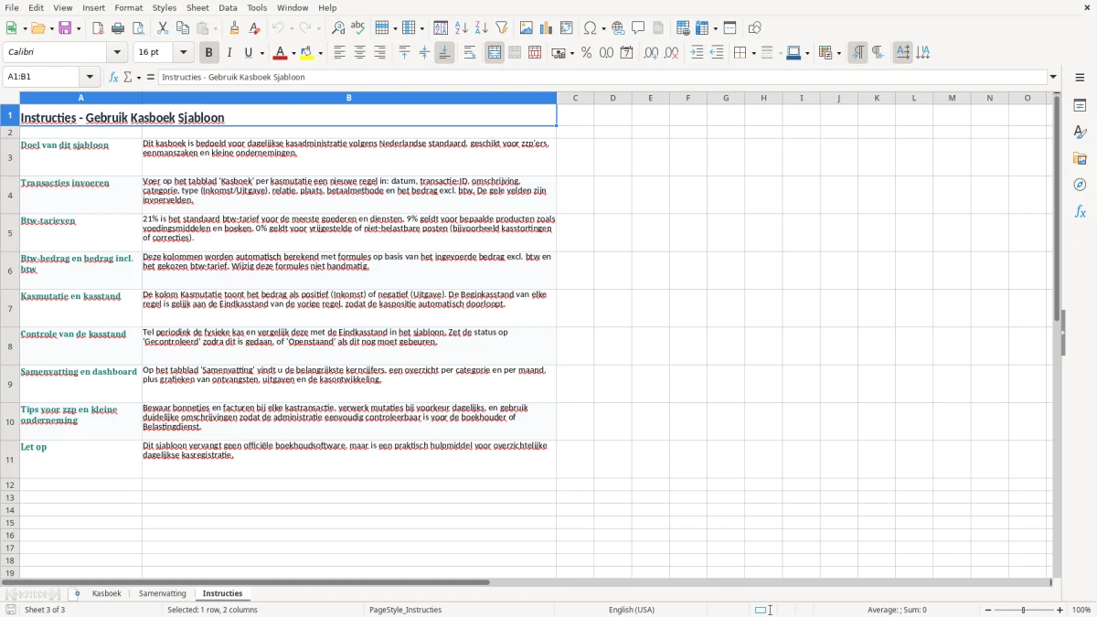 Screenshot 3: tabblad Instructies - Excel-sjabloon kasboek excel sjabloon