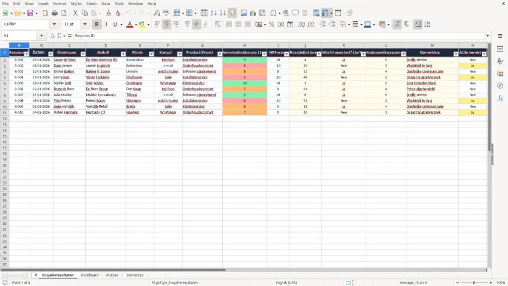 Enquêteresultaten – Klanttevredenheid Enquête Excel Sjabloon (2026)