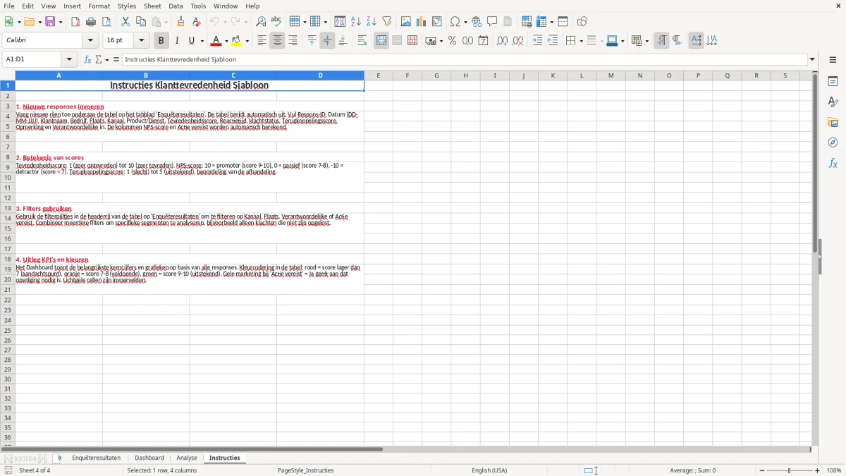 Screenshot 4: tabblad Instructies - Excel-sjabloon klanttevredenheid enquête excel sjabloon