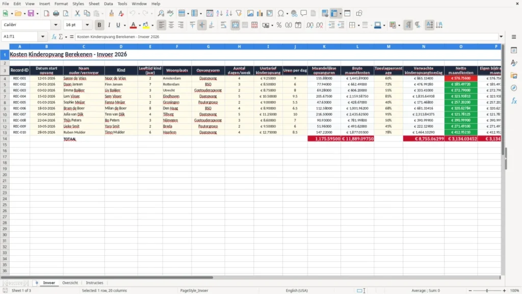 Invoer – Kinderopvangkosten Excel Sjabloon (2026)