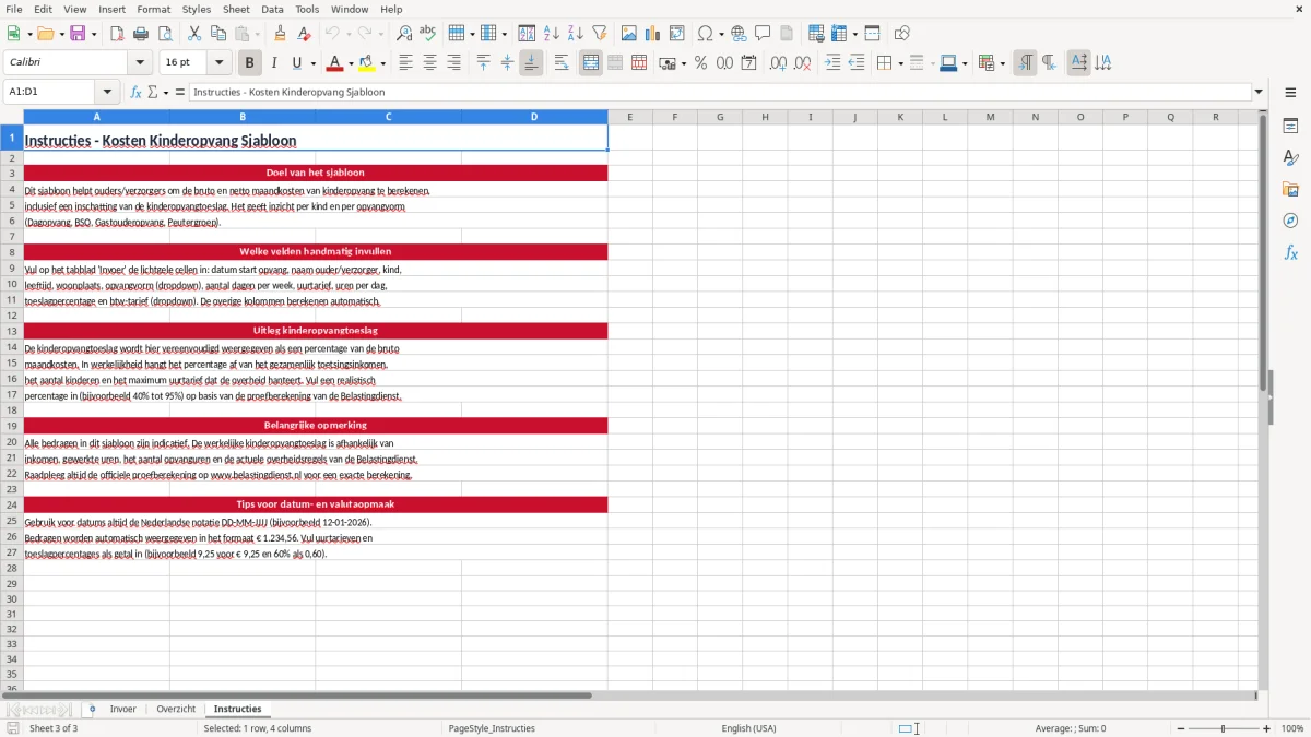 Screenshot 3: tabblad Instructies - Excel-sjabloon kosten kinderopvang berekenen excel sjabloon