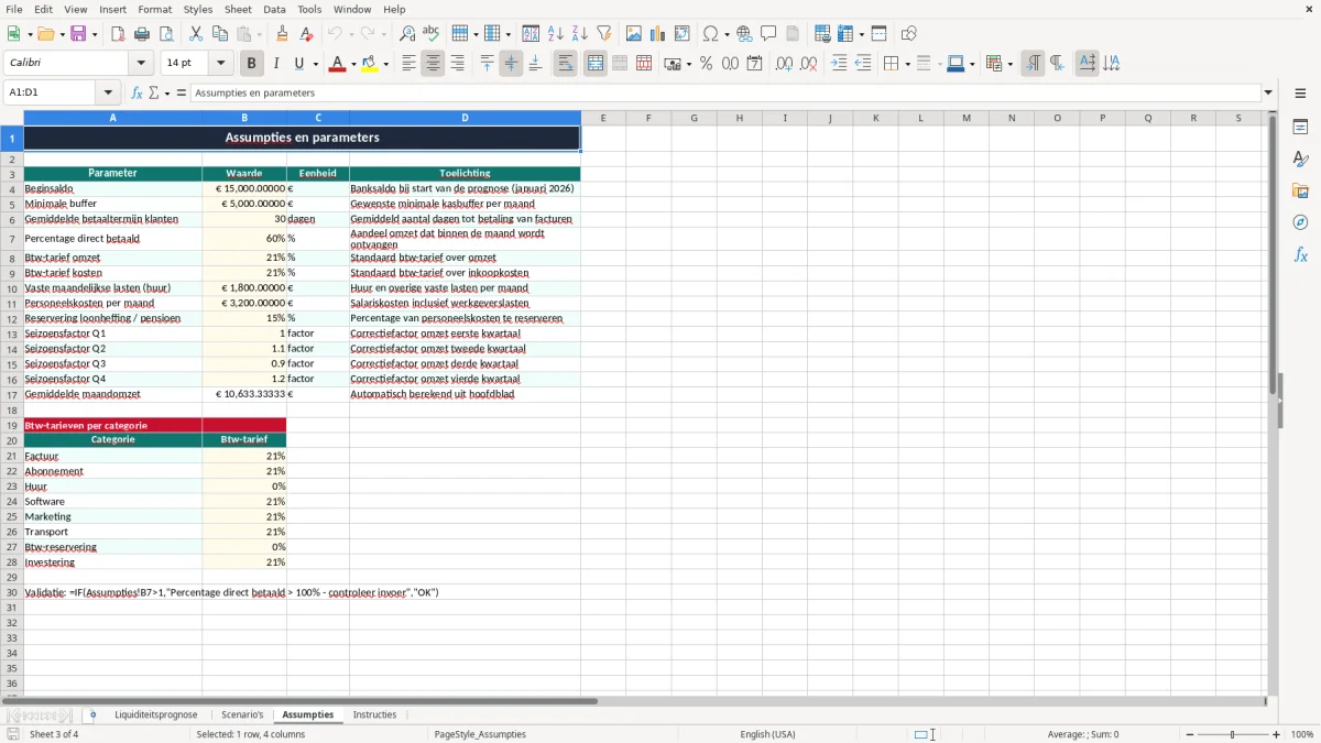 Screenshot 3: tabblad Assumpties - Excel-sjabloon liquiditeitsprognose 12 maanden excel sjabloon