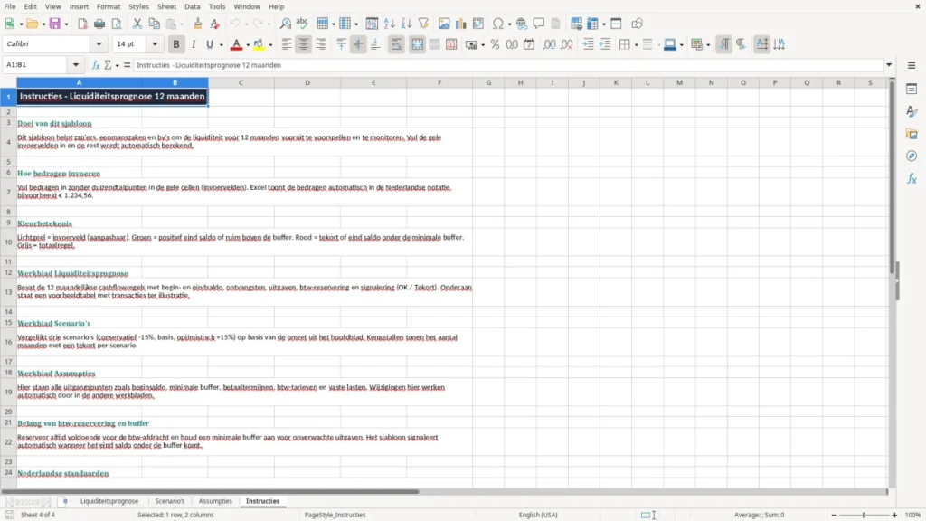 Instructies – Liquiditeitsprognose Excel – Gratis Sjabloon (2026)