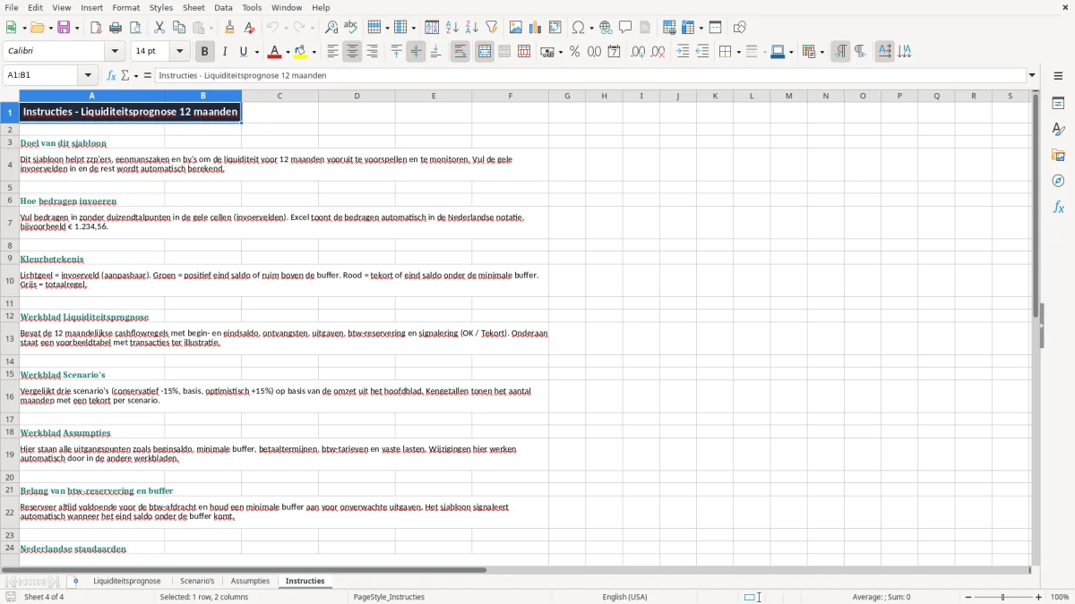 Screenshot 4: tabblad Instructies - Excel-sjabloon liquiditeitsprognose 12 maanden excel sjabloon