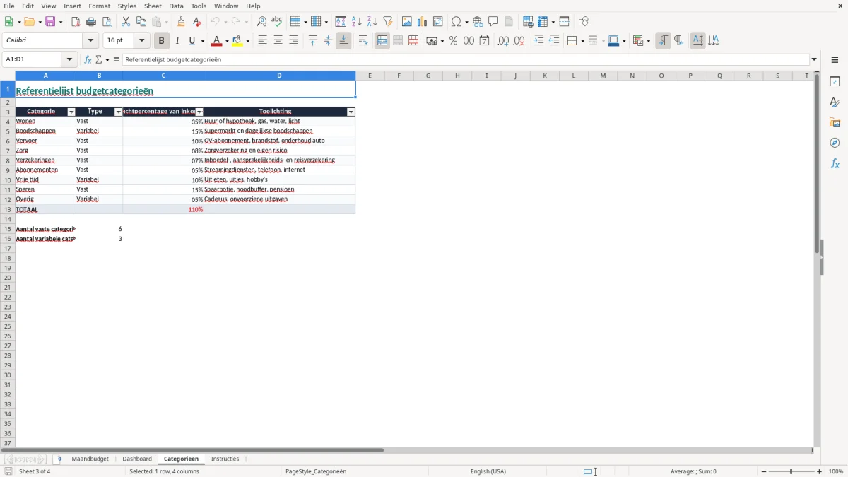 Screenshot 3: tabblad Categorieën - Excel-sjabloon maandbudget excel sjabloon