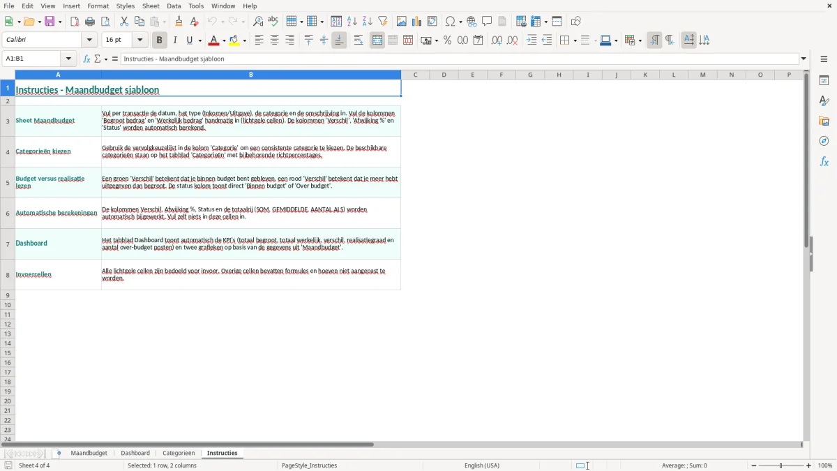 Screenshot 4: tabblad Instructies - Excel-sjabloon maandbudget excel sjabloon