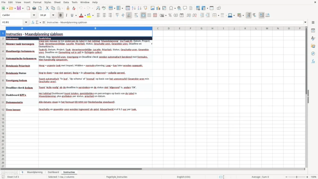 Instructies – Maandplanning Excel – Gratis Sjabloon (2026)