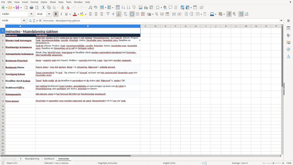 Screenshot 3: tabblad Instructies - Excel-sjabloon maandplanning excel sjabloon