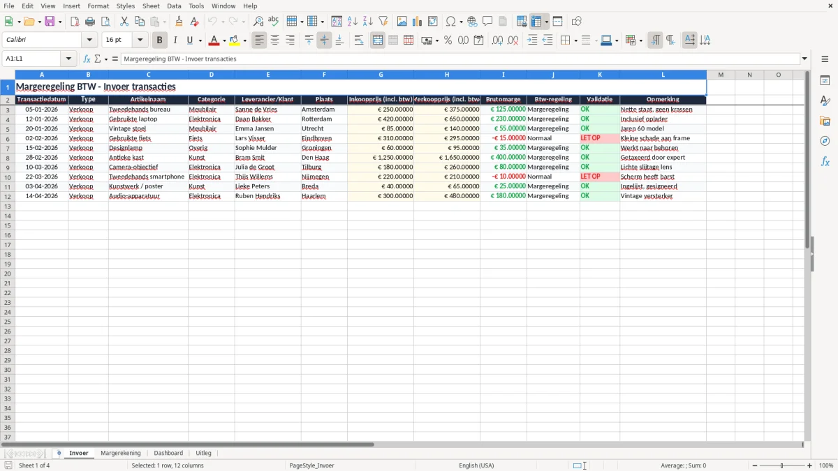 Screenshot 1: tabblad Invoer - Excel-sjabloon margeregeling btw excel sjabloon