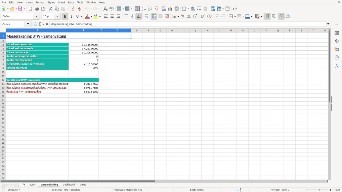 Screenshot 2: tabblad Margerekening - Excel-sjabloon margeregeling btw excel sjabloon