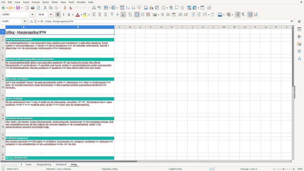 Screenshot 4: tabblad Uitleg - Excel-sjabloon margeregeling btw excel sjabloon