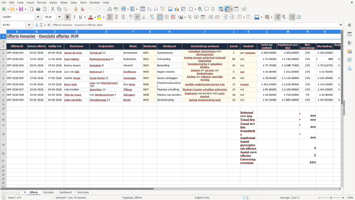 Screenshot 1: tabblad Offerte - Excel-sjabloon offerte hovenier excel sjabloon