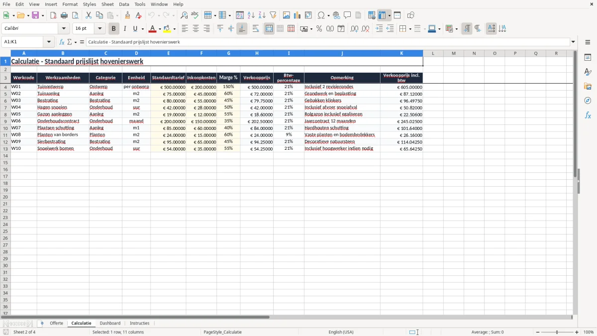 Screenshot 2: tabblad Calculatie - Excel-sjabloon offerte hovenier excel sjabloon