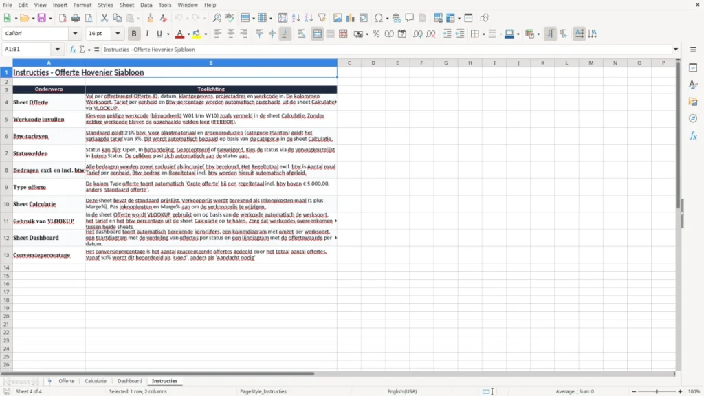 Instructies – Offerte hovenier Excel Sjabloon (2026)