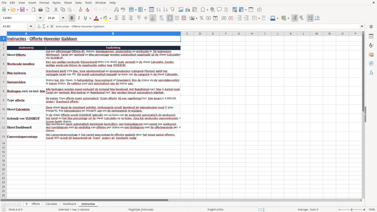 Screenshot 4: tabblad Instructies - Excel-sjabloon offerte hovenier excel sjabloon