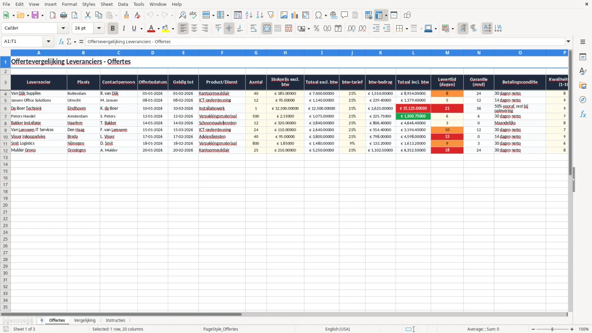 Screenshot 1: tabblad Offertes - Excel-sjabloon offertevergelijking leveranciers excel sjabloon