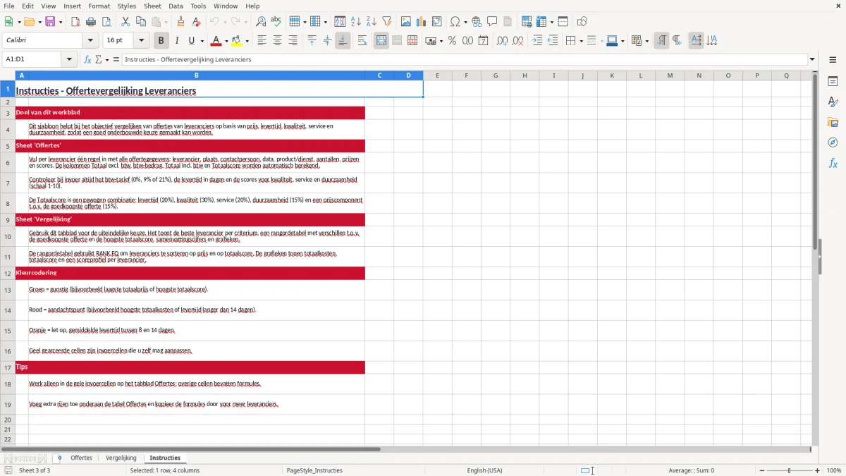 Screenshot 3: tabblad Instructies - Excel-sjabloon offertevergelijking leveranciers excel sjabloon