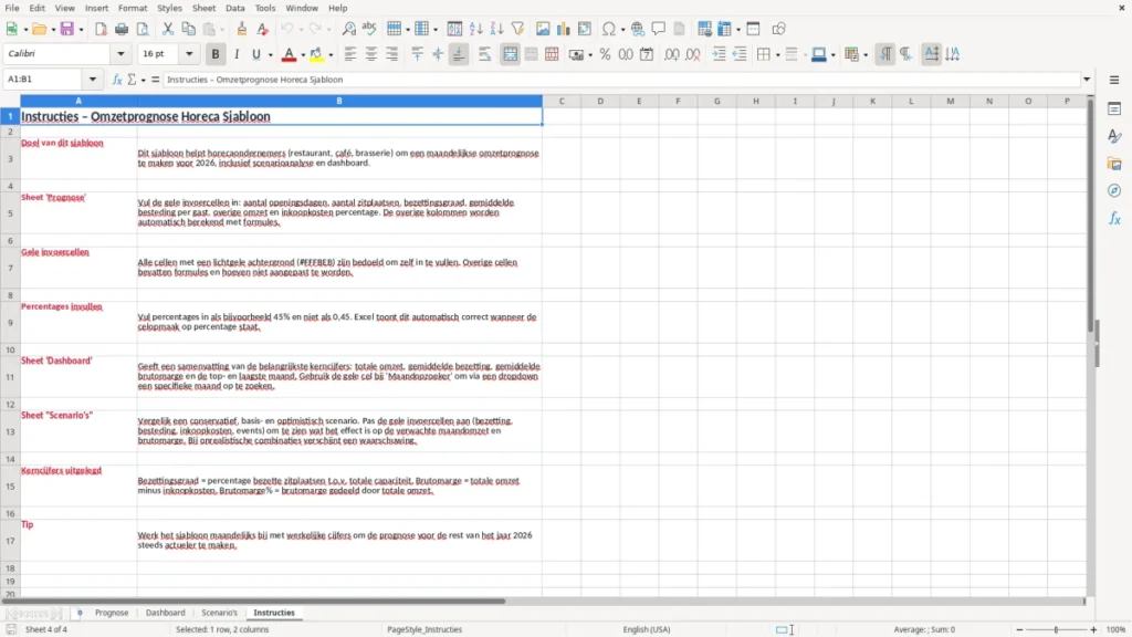 Instructies – Omzetprognose horeca Excel Sjabloon (2026)