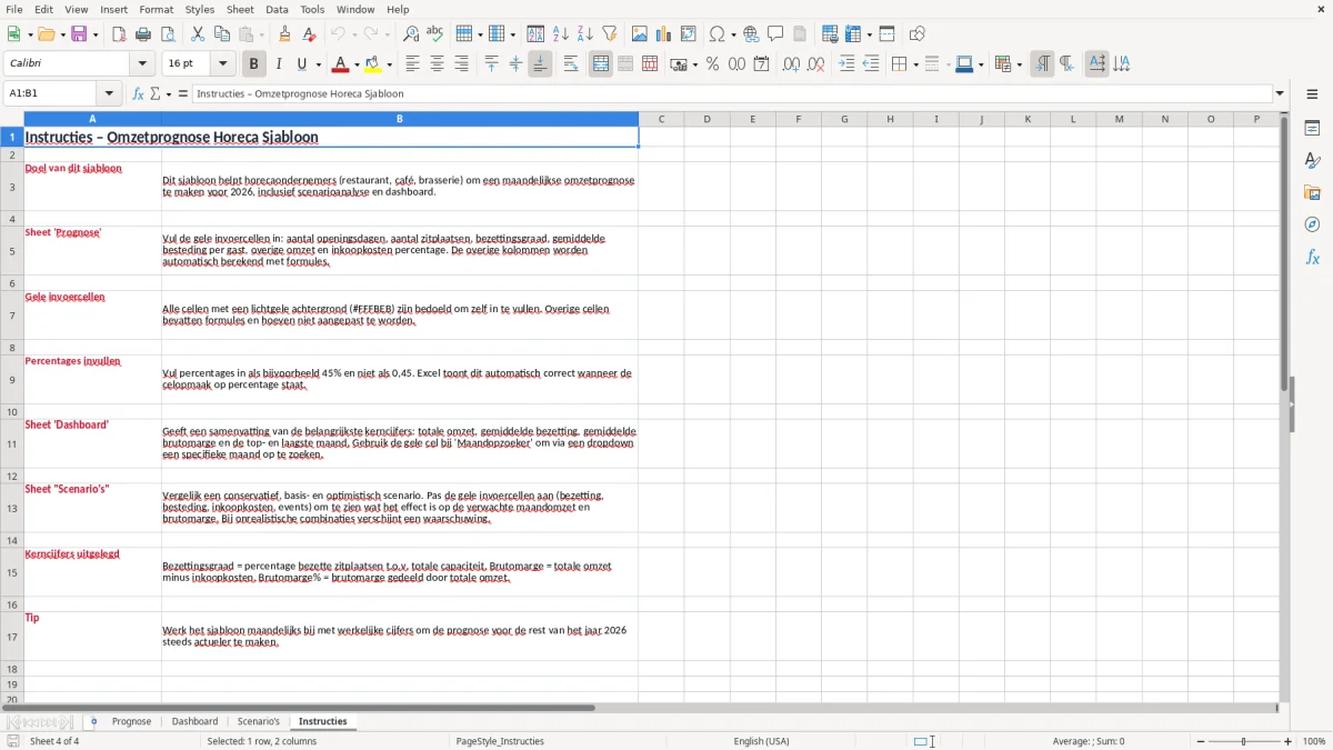 Screenshot 4: tabblad Instructies - Excel-sjabloon omzetprognose horeca excel sjabloon