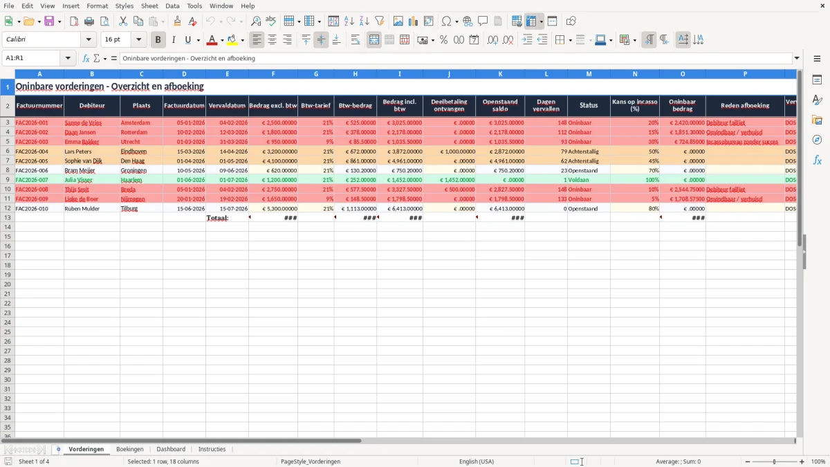 Screenshot 1: tabblad Vorderingen - Excel-sjabloon oninbare vordering afboeken excel sjabloon