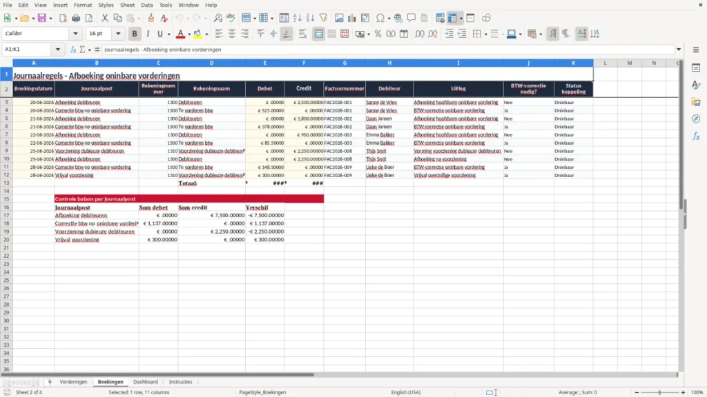 Boekingen – Oninbare Vordering Excel Sjabloon (2026)