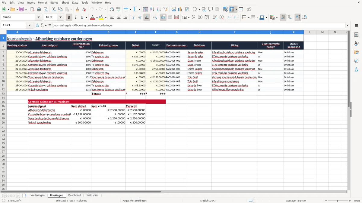 Screenshot 2: tabblad Boekingen - Excel-sjabloon oninbare vordering afboeken excel sjabloon